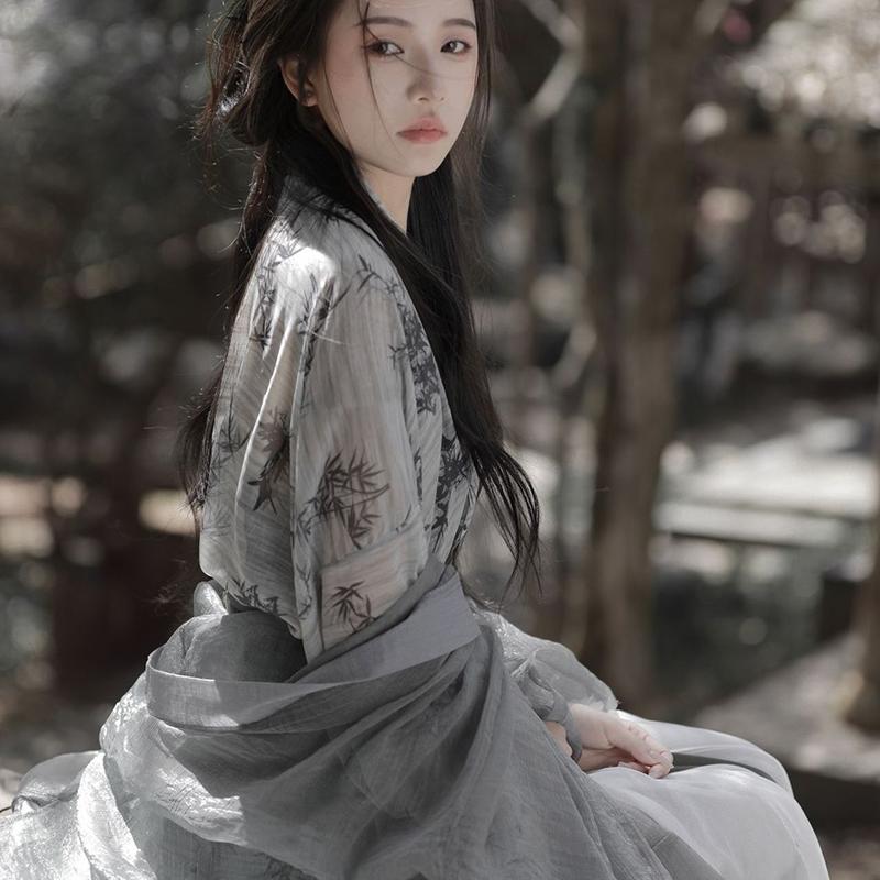 Женская одежда в китайском стиле династий Вэй и Цзинь Hanfu, серое платье с перекрестным вырезом и принтом бамбуковых листьев
