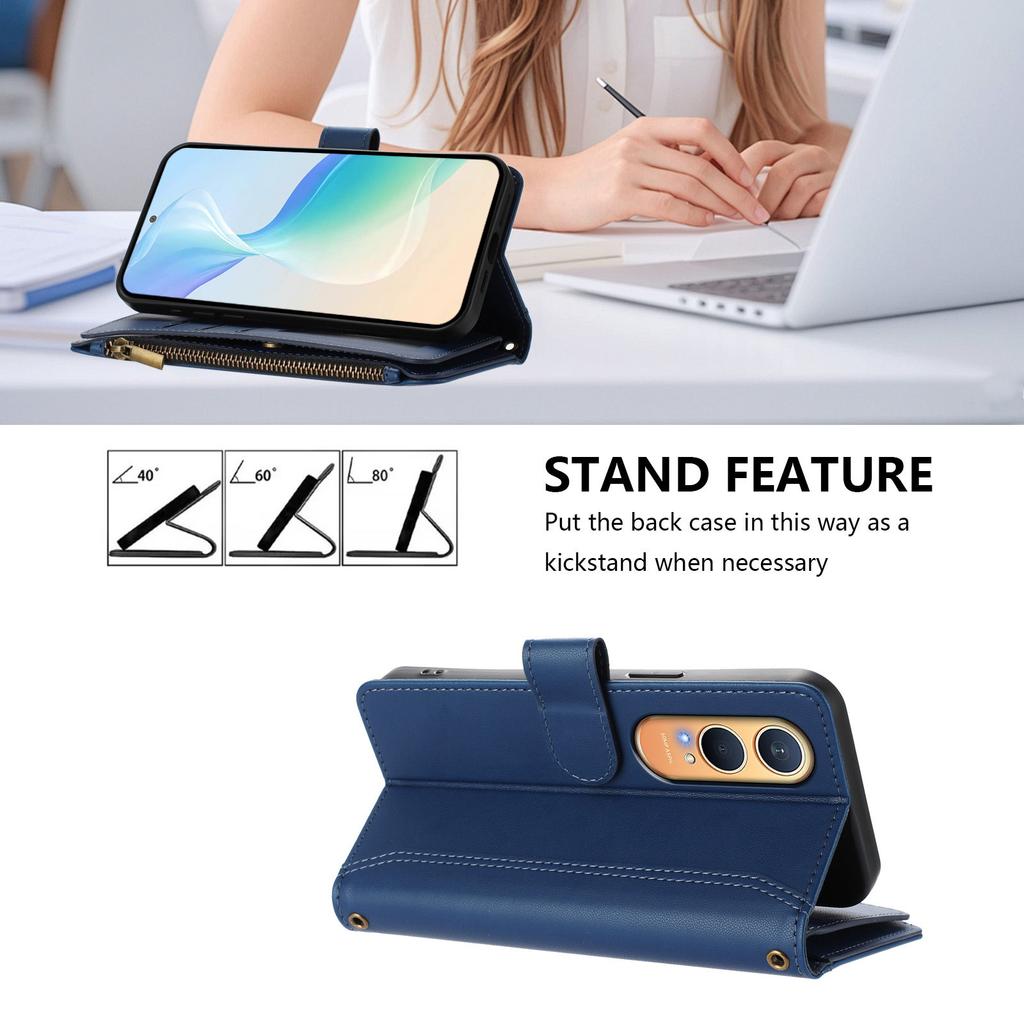 For Oppo K12x 5G (China)/OnePlus Nord CE4 Lite 5G Leather Case 9 Card Slots Zipper Wallet Stand Phone Cover with Wrist Strap