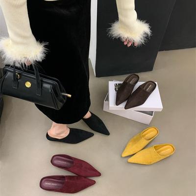 Замша тип 2025 лето новая плоская подошва верхняя одежда сумка голова полутапки тонкие на плоской подошве тапочки верхняя одежда сандалии женская обувь