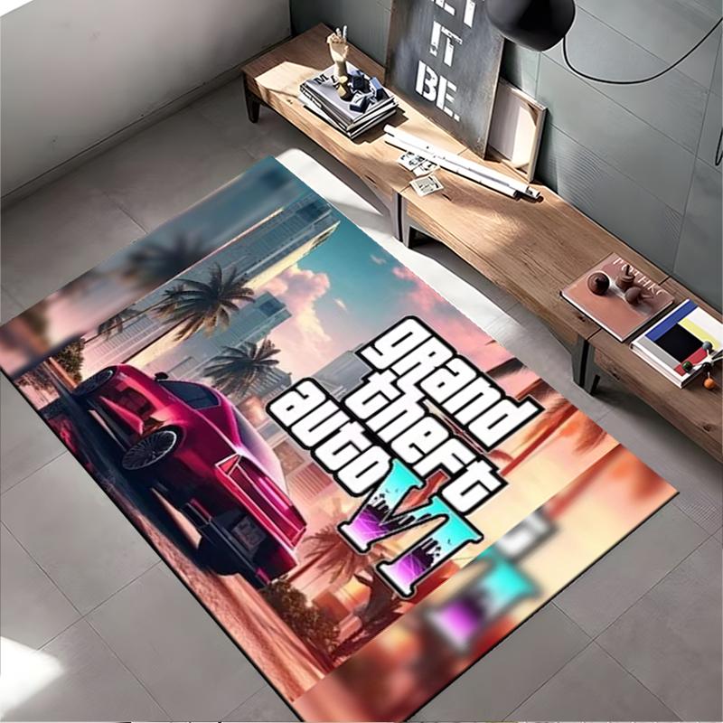 Городской пейзаж GTA VI с красным спортивным автомобилем Нескользящий коврик, подходящий для диванов в гостиной и спальне.