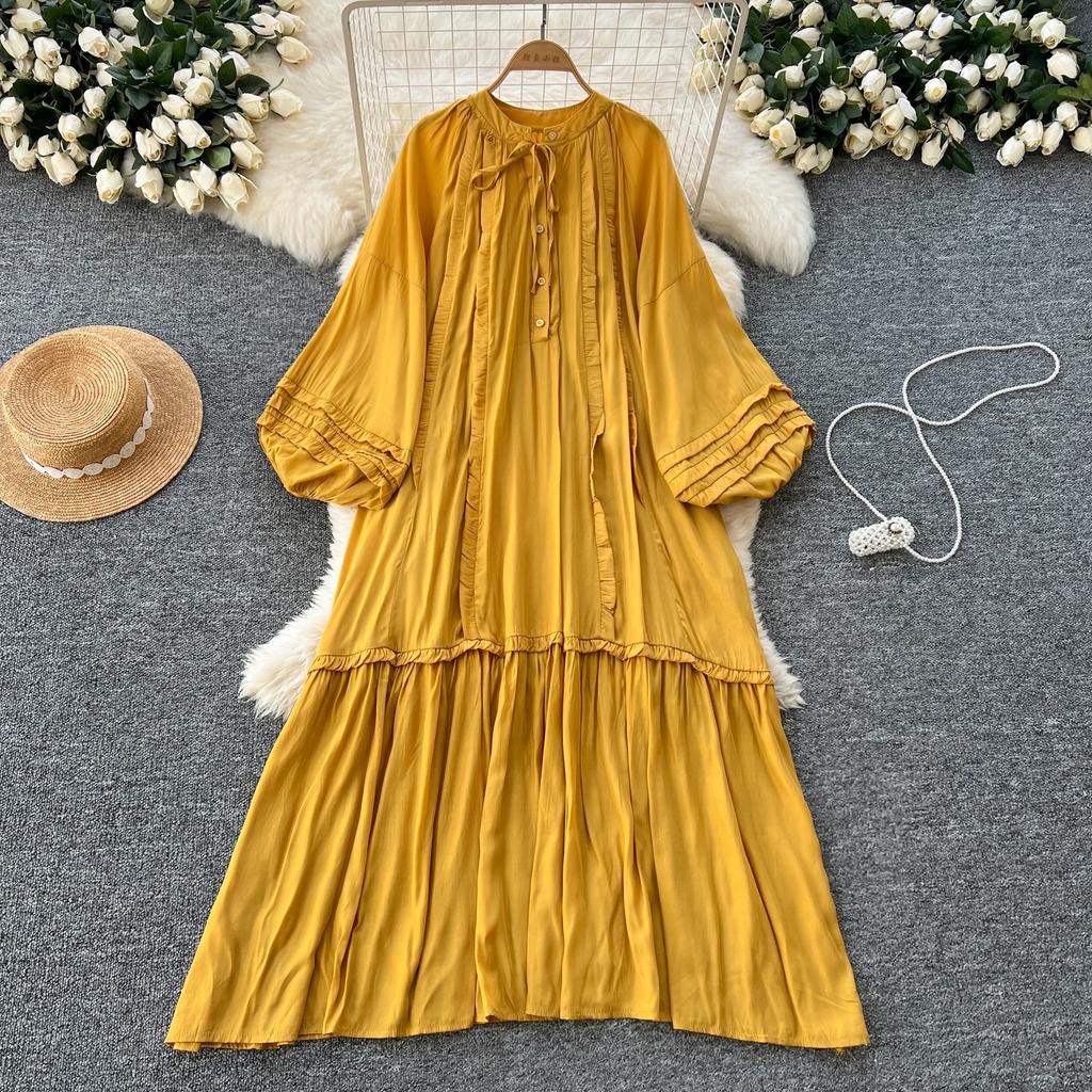 Винтажное однобортное платье с круглым вырезом на шнуровке, модное, с длинными рукавами, элегантное, свободное, с оборками, корейская женская одежда High Street