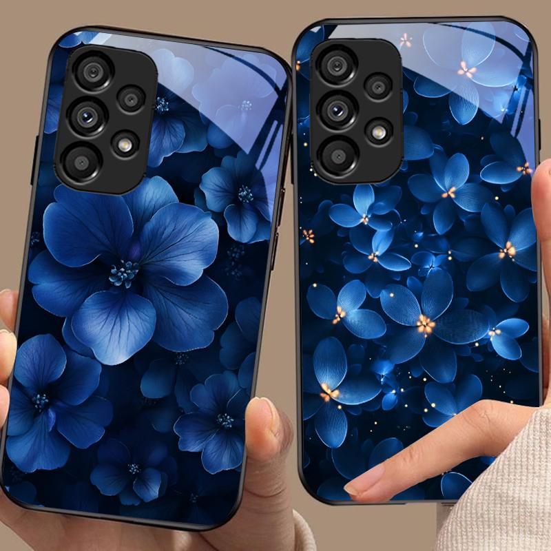 Синие и белые цветы Для Samsung Galaxy S10 S20 Plus S21 FE S22 23 24 S25 Ultra Черный чехол для телефона из закаленного стекла жесткий корпус