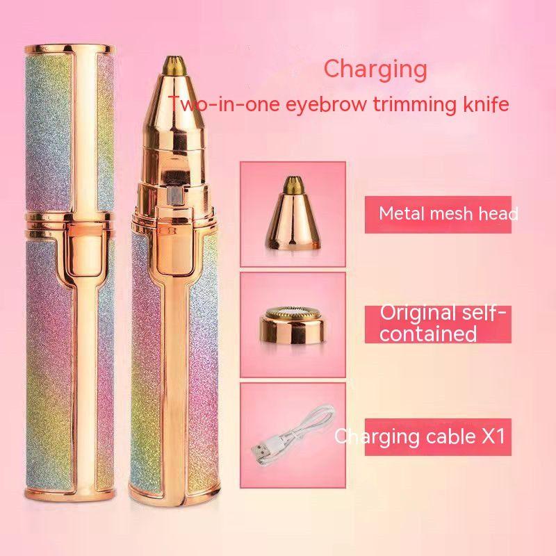2 IN 1 Electric Eyebrow Trimmer USB Rechargeable Body Facial Hair Removal Lipstick Shape Mini Epilator for Women Colorful Starry Sky
