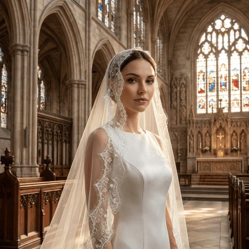 2M Long Bridal Headscarf Lace Edge Muslin Head Covering Elegant Wedding Veil  Cathedral Wedding