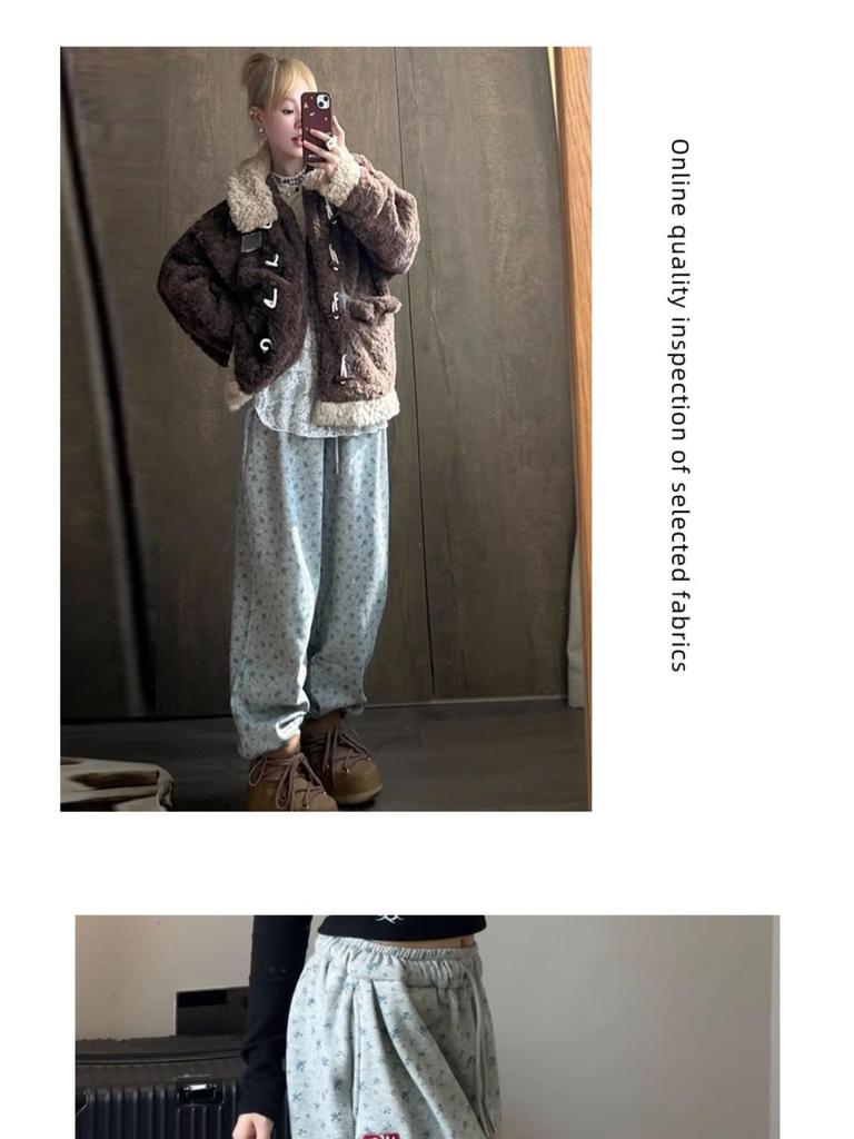 Women's Gray Floral High-Waist Sweatpants, Loose Straight-Leg, Spring Autumn 2025 Collection