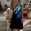 Summer Fashion Women's V Neck Short Sleeve Blue Bamboo Leaves Printed Dress Sex Dress