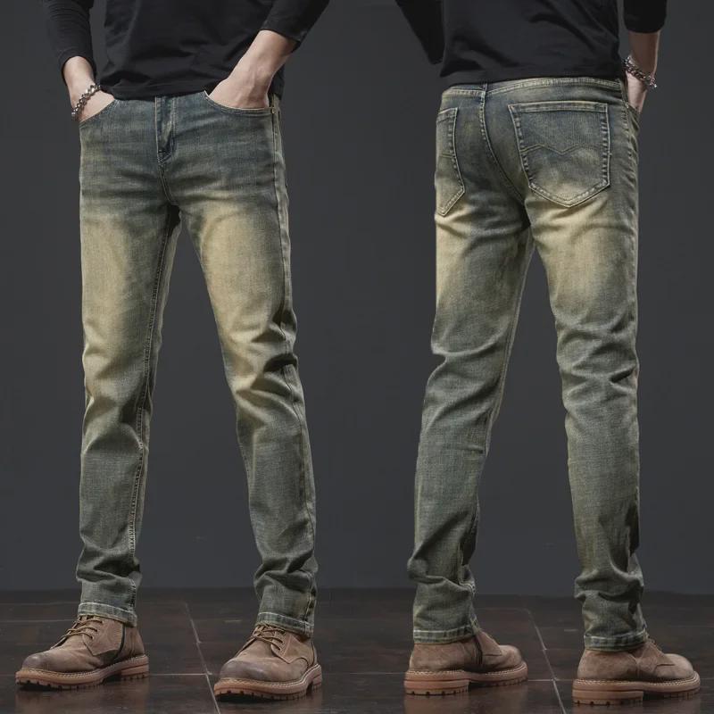 Мужские узкие джинсы прямого кроя в стиле ретро желтого цвета с потертостями на осень/зиму