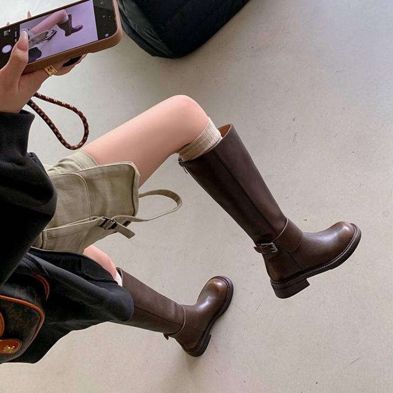 Женские кожаные ботинки на среднем каблуке, кожаные, большого размера, с задней молнией, на толстой подошве, нескользящие, с высоким голенищем, универсальные ботинки Мартин для осени и зимы