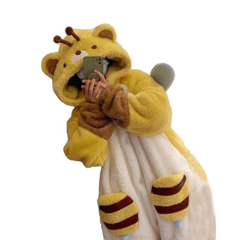 Женская пижама Honey Bee Robe фланелевая ночная рубашка с капюшоном утолщенная теплая милая женская повседневная одежда из кораллового флиса на осень-зиму