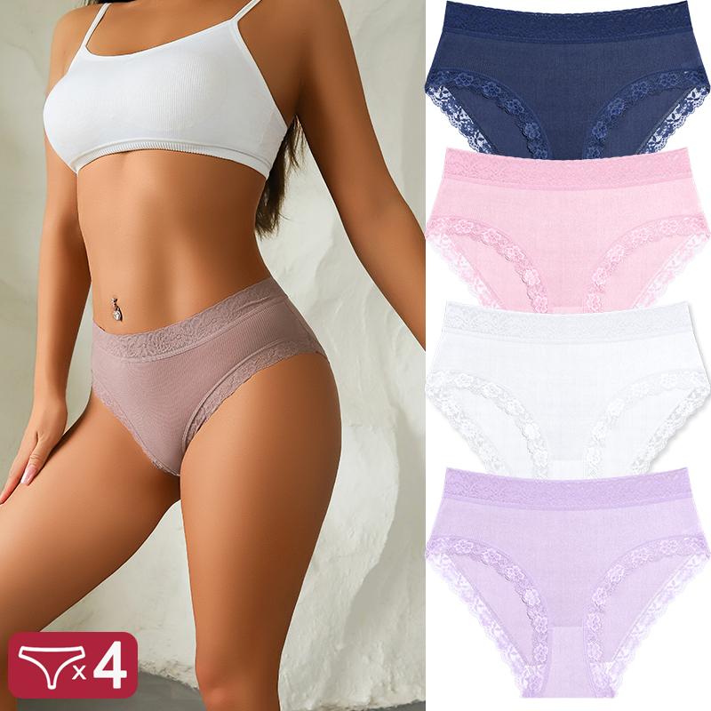 4Pcs Lace Plus Size Underwears Women's Sexy Panties High Quality Striped Briefs Girls Solid Sports Comfortable Lingerie