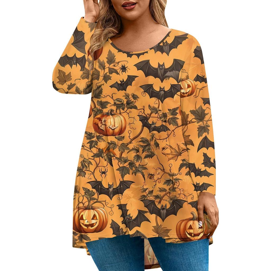Женская мода Большой размер Круглый вырез Длинный рукав Повседневный Пуловер Топ с принтом на Хэллоуин Свободного кроя
