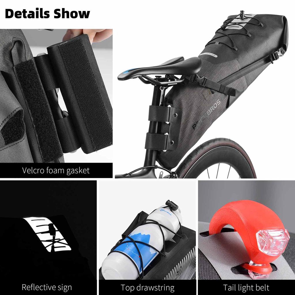 Rockbros Подседельная сумка большой емкости, сумка для седла дорожного велосипеда, водонепроницаемая, с обработкой ТПУ, большая емкость для хранения 10 л, светоотражающая лента для велоспорта (черный)
