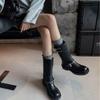 Cowhide Version~ Punk Handsome Belt Buckle High Knight Boots Women's Head Versatile Thick Heel Medium Boots Locomotive Boots Women