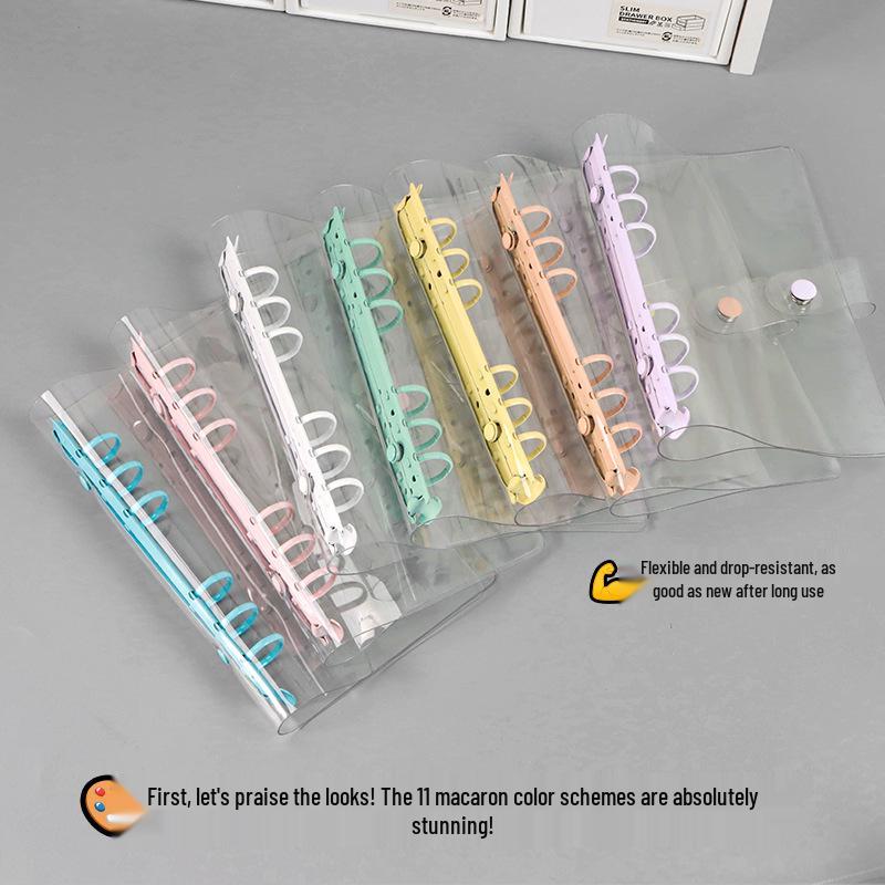 Прозрачная ПВХ обложка для планера формата A5/A6 на кольцах с кнопкой и разноцветным металлическим клипом на шесть отверстий