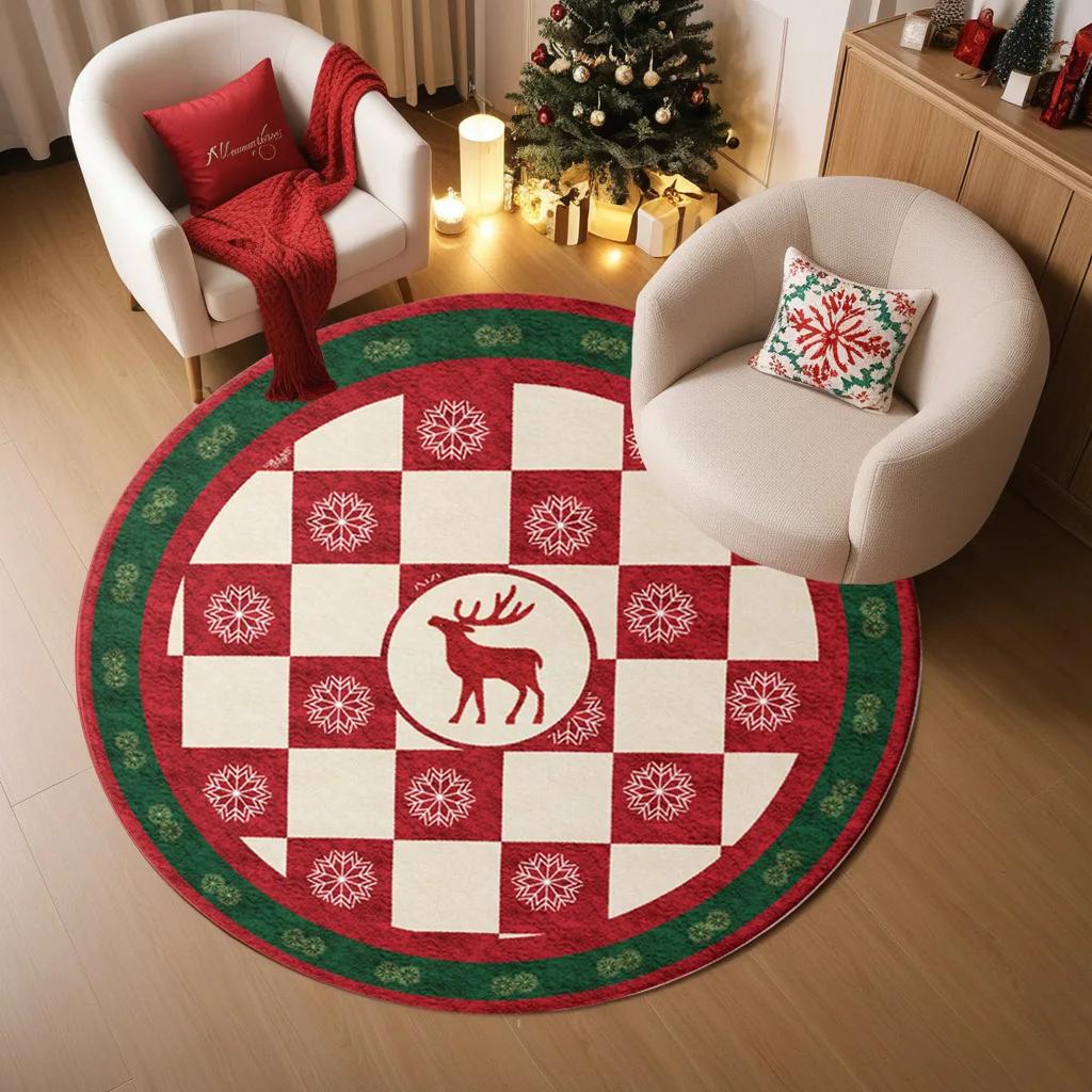 New Christmas Holiday Decoration Round Carpet Tree Atmosphere in Stock Entrance Rugs Stain-resistant Washable Festive Foot mats