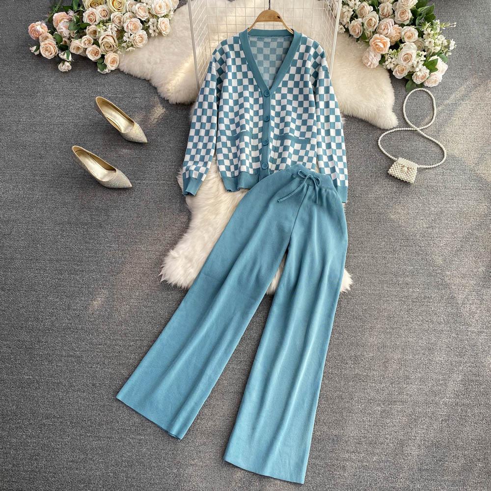 Осенне-зимний винтажный вязаный свитер в клетку, комплект из 2 предметов, женский спортивный костюм, однобортный пиджак, пальто + брюки до щиколотки, наряды