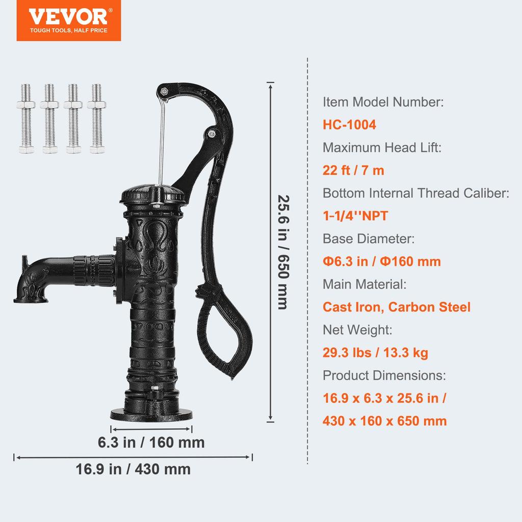 VEVOR Старинный ручной насос для колодца, 6,7 м(22 фута) Максимальный подъем