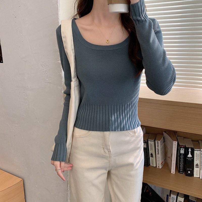 Женская весна-осень с квадратным воротником и длинным рукавом, однотонная тонкая верхняя одежда, короткий вязаный свитер