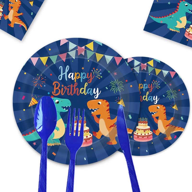 Blue Dinosaur Party Set Children'S Birthday Paper Plates Paper Cups Paper Towels Tableware Tablecloths Party Decorations