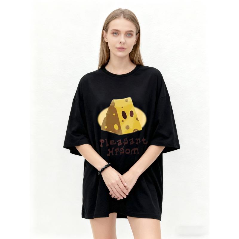 Oversized T Shirt Black Cheese Slice Print Pleasant Hifom Text Casual Wear for Women Summer Streetwear Fashion Top