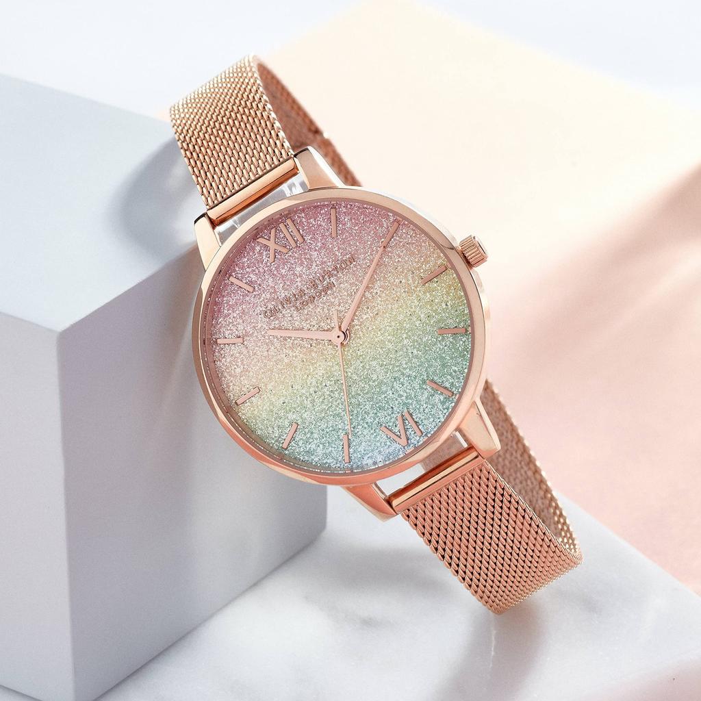 Авторизованный дистрибьютор Olivia Burton Watch Ladies ob16rb18 Rainbow Glitter Dial Rose Gold Mesh 34 мм [OLIVIA BURTON] [Rainbow] &