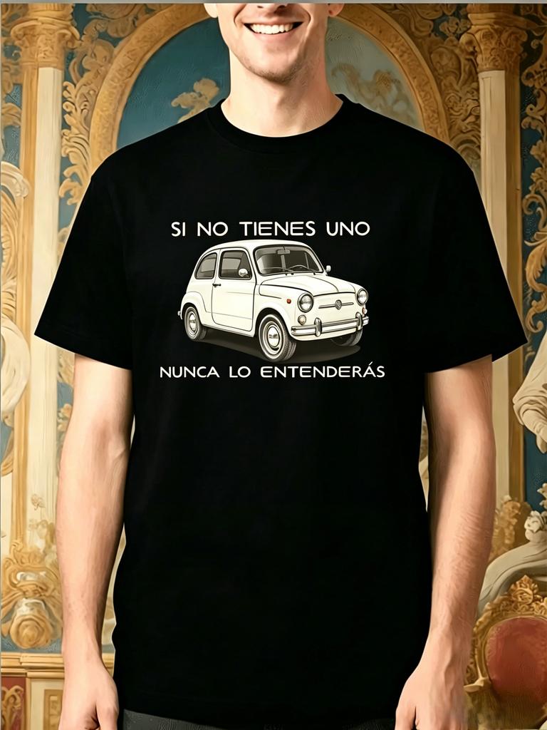 Men Black Tee Vintage Mini Car Spanish Quote Graphic Print Short Sleeve Loose Casual For Adult