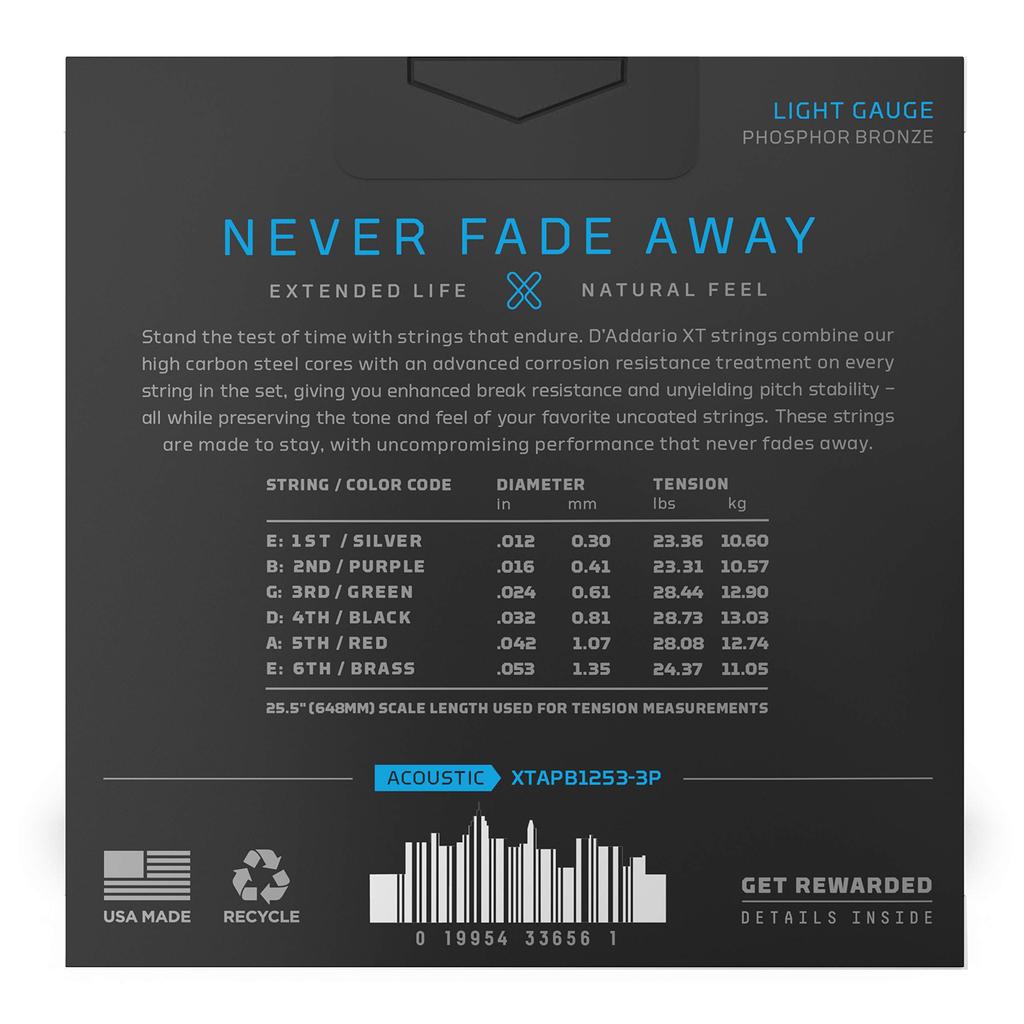 XT Coated Acoustic Guitar Phosphor Bronze D'Addario Strings, Light, .012-.053, XTAPB1253-3P, 3-Pack