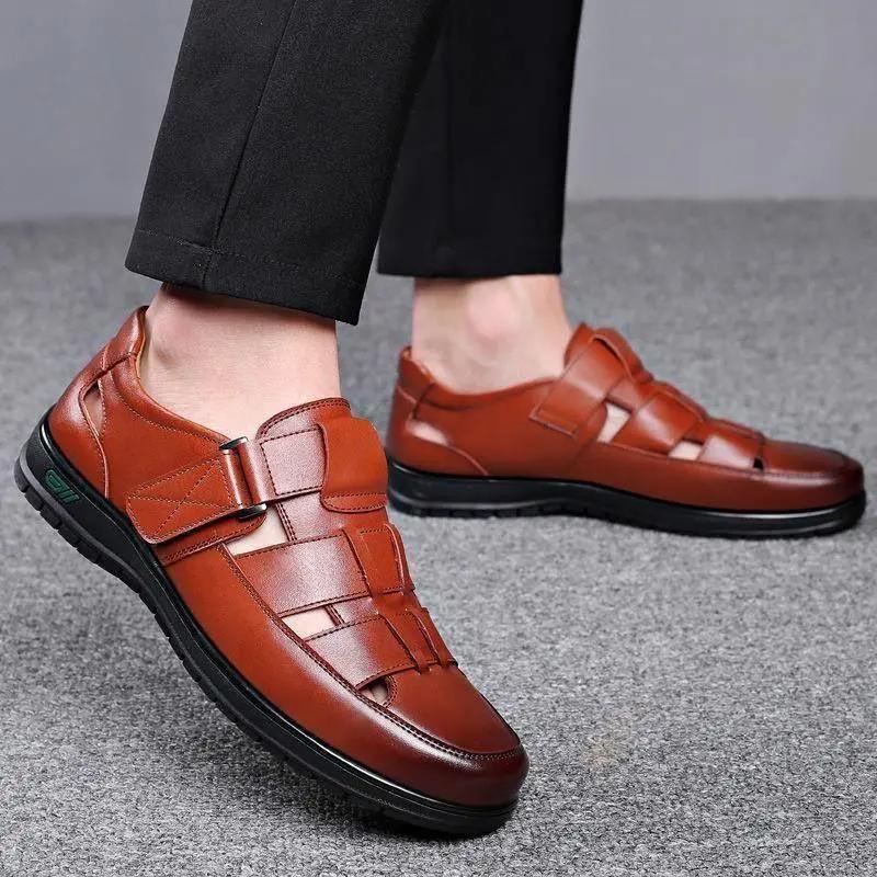 Летняя мужская кожаная обувь Business Casual Формальная одежда Высокие каблуки Мягкая подошва Нескользящие Летние сандалии Черные кожаные туфли