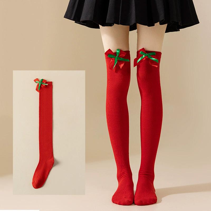Women with Bow Accent for Women Girls Christmas Socks Knee-High Over-the-Knee Elegant Red & Green Striped Long Socks