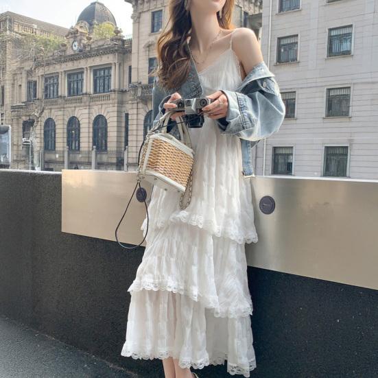 Женское платье на бретелях с V-образным вырезом, без рукавов, многослойное, с кружевной отделкой, макси-платье