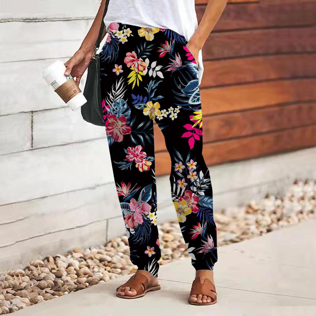 Women 3D The Yellow Rose Print Pants Lace Up Elastic Waist Loose Trousers Casual Long Pants Trousers with Pockets