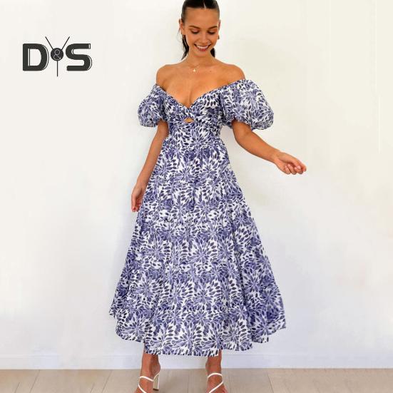 Женское вечернее платье с рукавами-пузырьками и глубоким вырезом с открытыми плечами, красочный принт, трапециевидной формы с большим подолом, лоскутное платье, плиссированное пляжное платье макси для отпуска