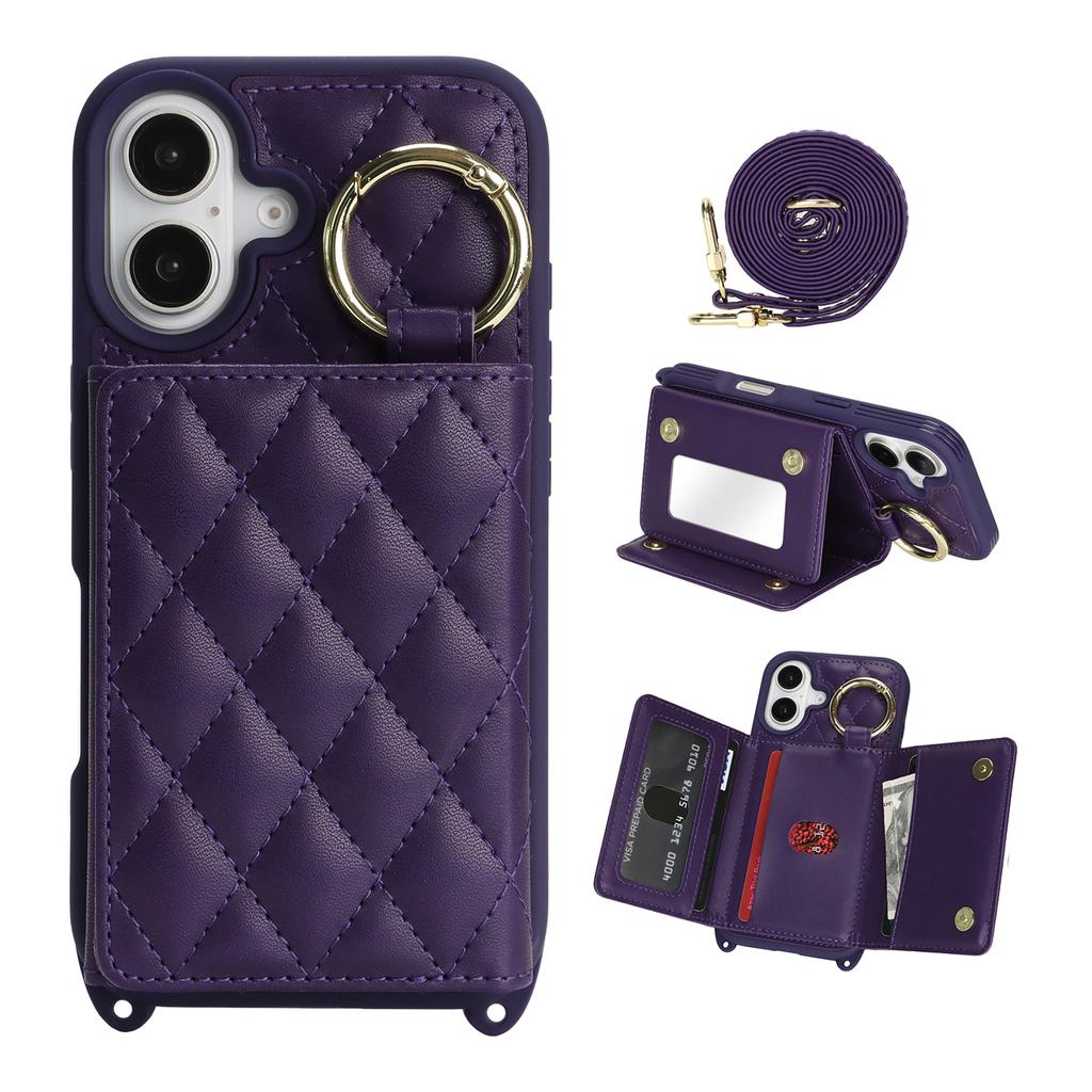 For iPhone 16 Case with Lanyard/Mirror/Card Holder Grids Pattern RFID Blocking Phone Cover