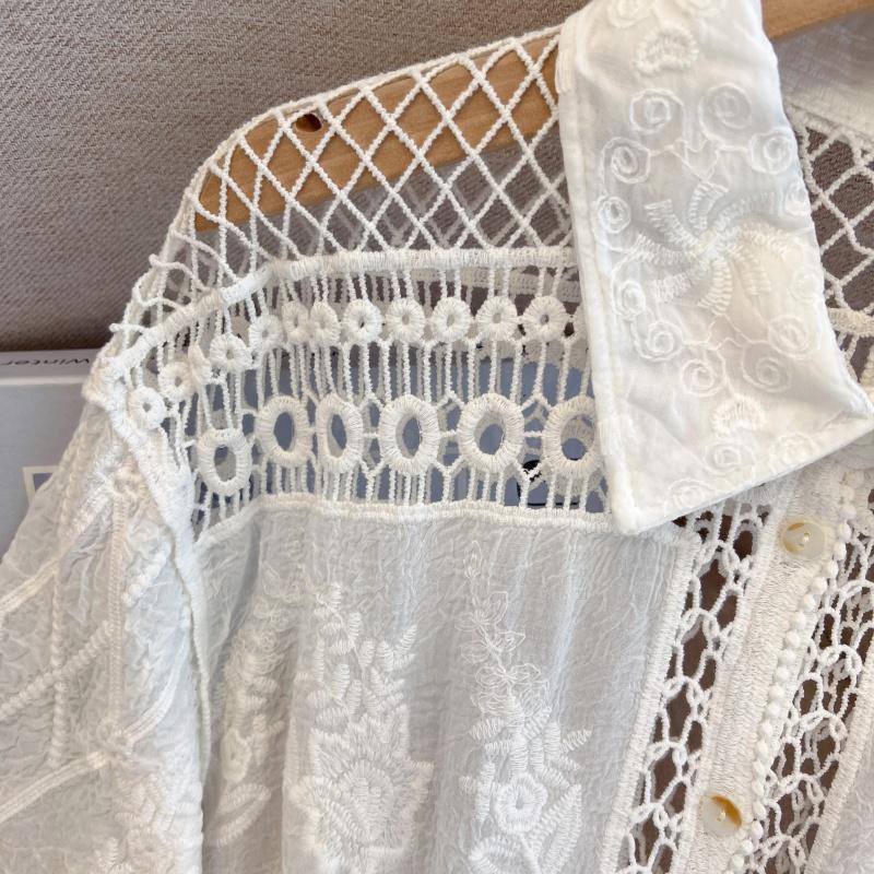 Dimanaf 2025 Новая летняя рубашка на пуговицах Женская кружевная блузка Вышивка Короткий рукав Модные топы Футболки Повседневные свободные футболки