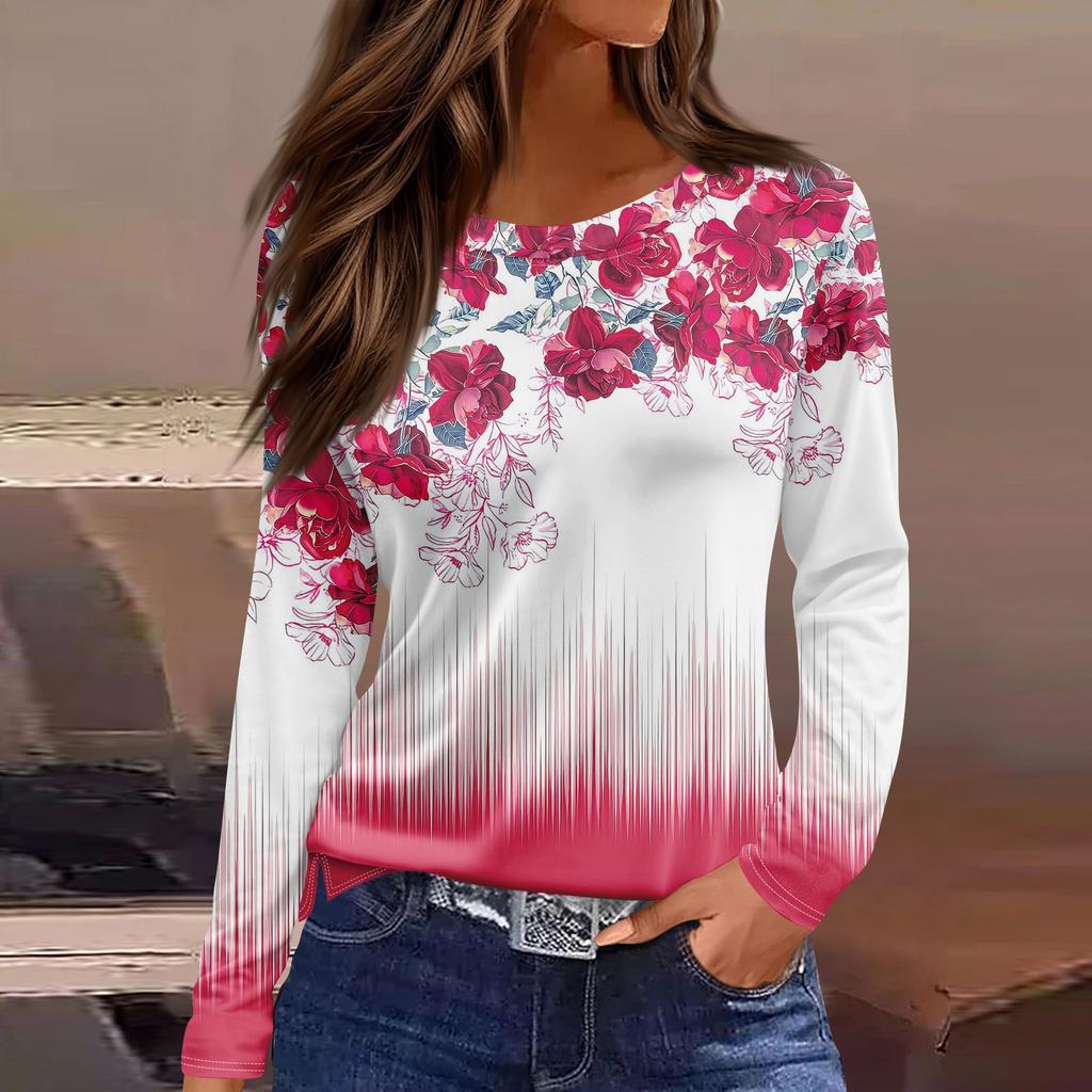 Women's Fashion Casual Slit Hem Round Neck Long Sleeve Loose  Printed T-Shirt Ladies Top
