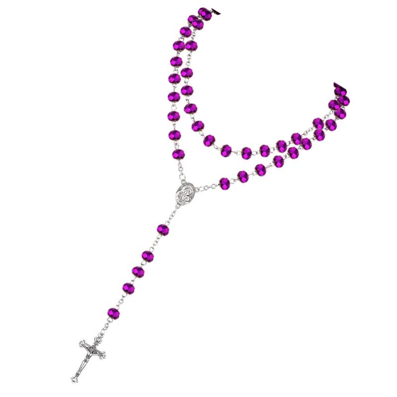 652F Catholic Rosary Crystal Beads Necklace with Miracles Medals Crosses Crucifix First Communion Rosary for Women Men