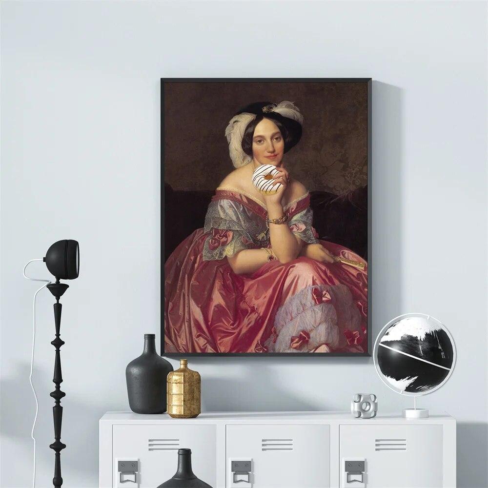 Funny Altered Art Print Elegant Lady with Pink Ice Cream Poster Italian Rococo Vintage Oil Painting Candy Food Canvas Painting
