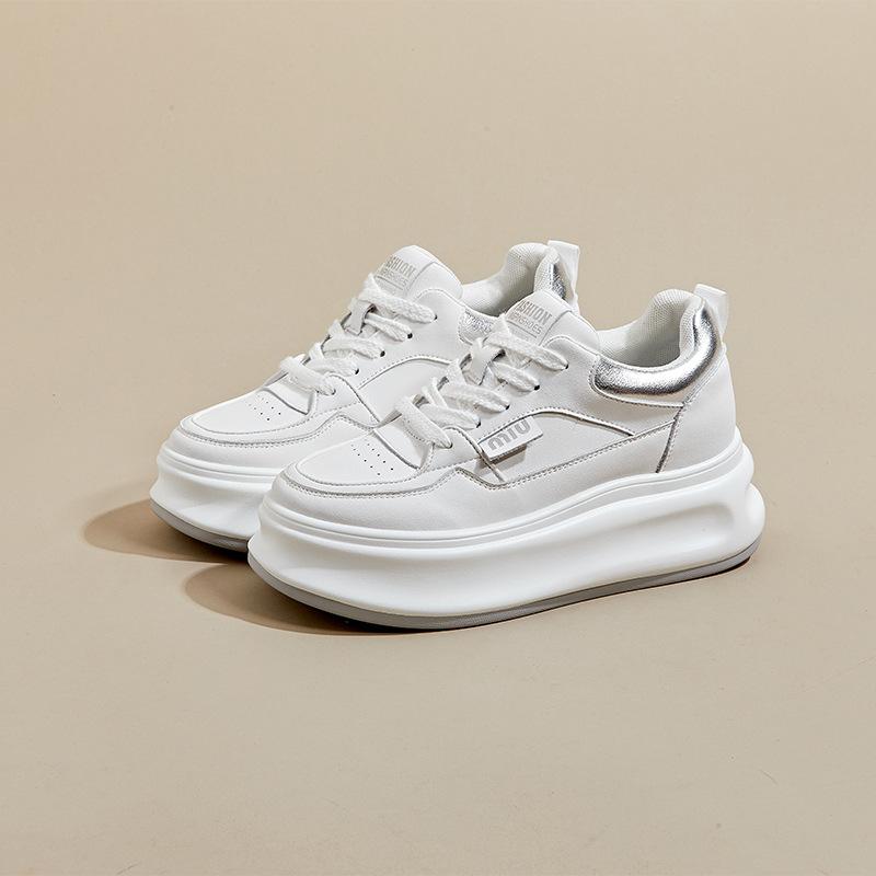 Thick-Soled Leather White Shoes Women's New Spring Versatile Single-Layer Shoes Platform Sneakers Height Increasing Insole Casual Sneakers