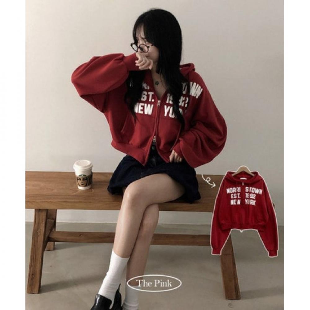 The Pink Men Loose Fit Lettering Semi Crop Hoodie Jacket