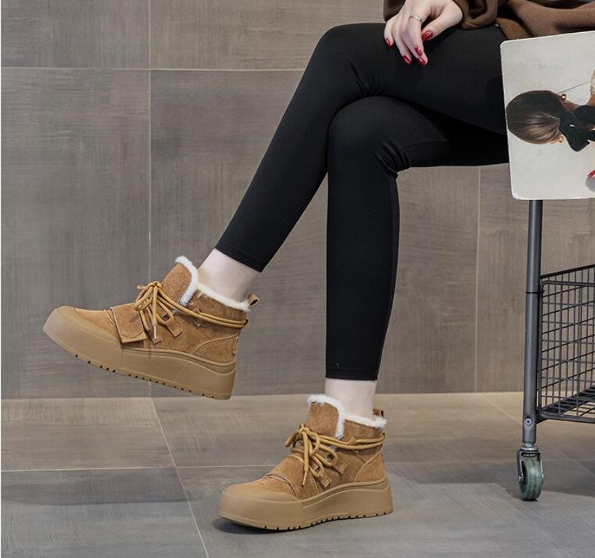 Зимние ботинки из натуральной кожи с высоким верхом на толстой подошве, с меховой и травяной подкладкой, с шерстяным хлопковым утеплителем, женская хлопковая обувь