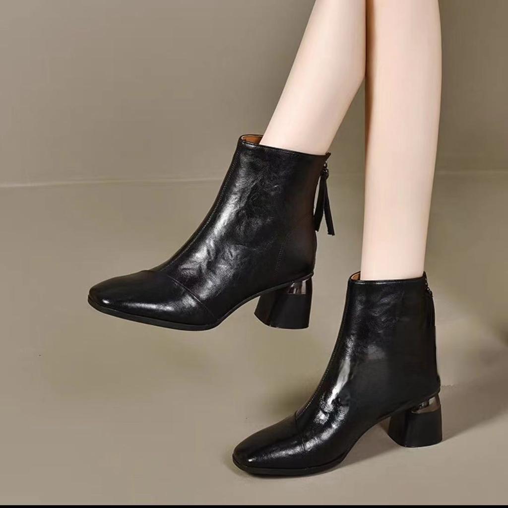 2024 новые осенние мягкие кожаные короткие сапоги женские мягкие кожаные туфли на среднем каблуке кожаные туфли весна-осень бархат квадратный нос высокий каблук