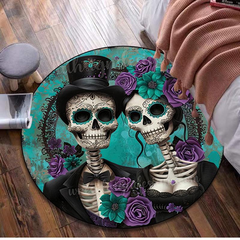 1Pc Day of the Dead skull Circular Print Rug - home decoration Carpet For Living Room Bedroom Flooring Computer Chair Area Rug