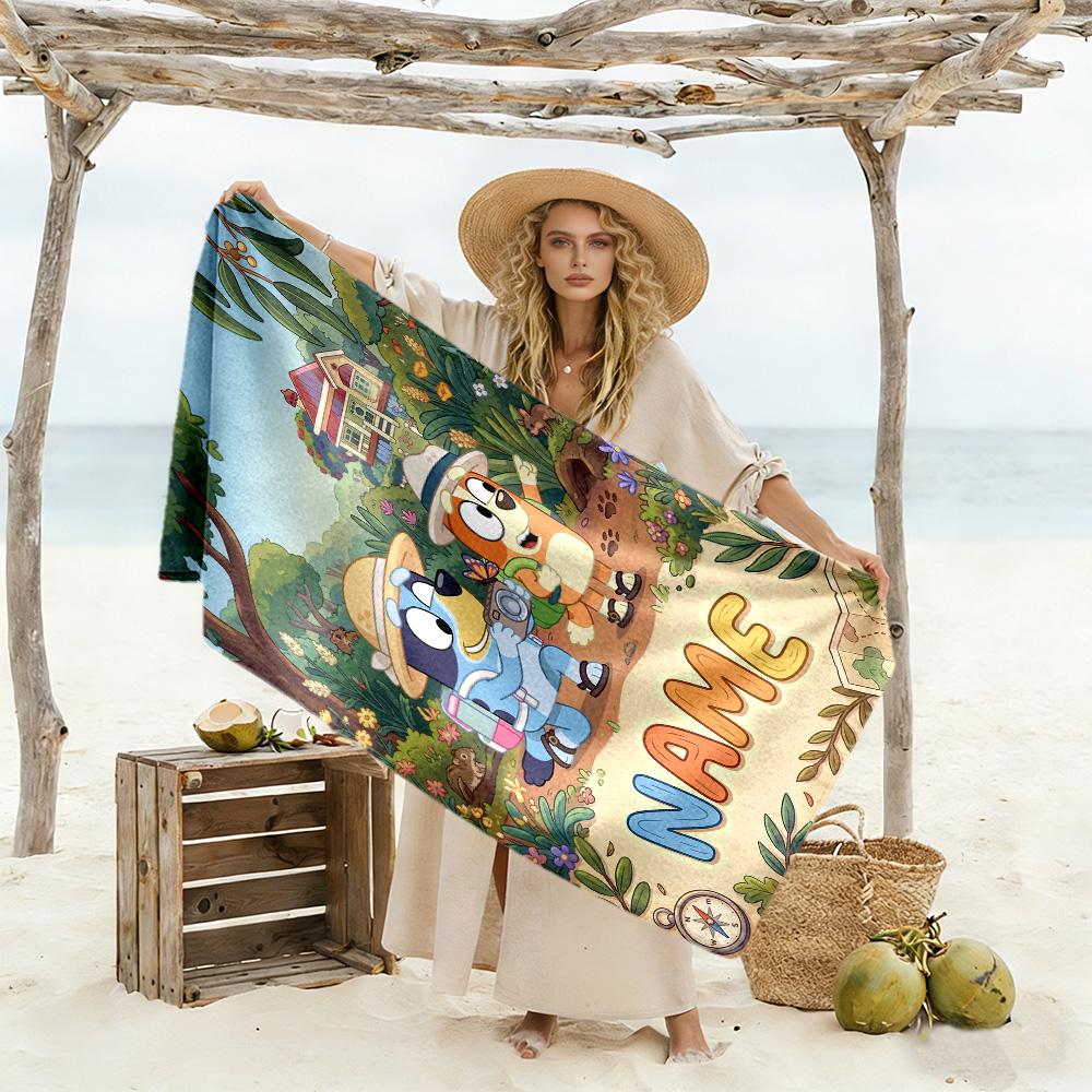 Bluey's Bubble Adventure Customized Name Beach Towel Super Soft Microfiber Quickdry Fabric