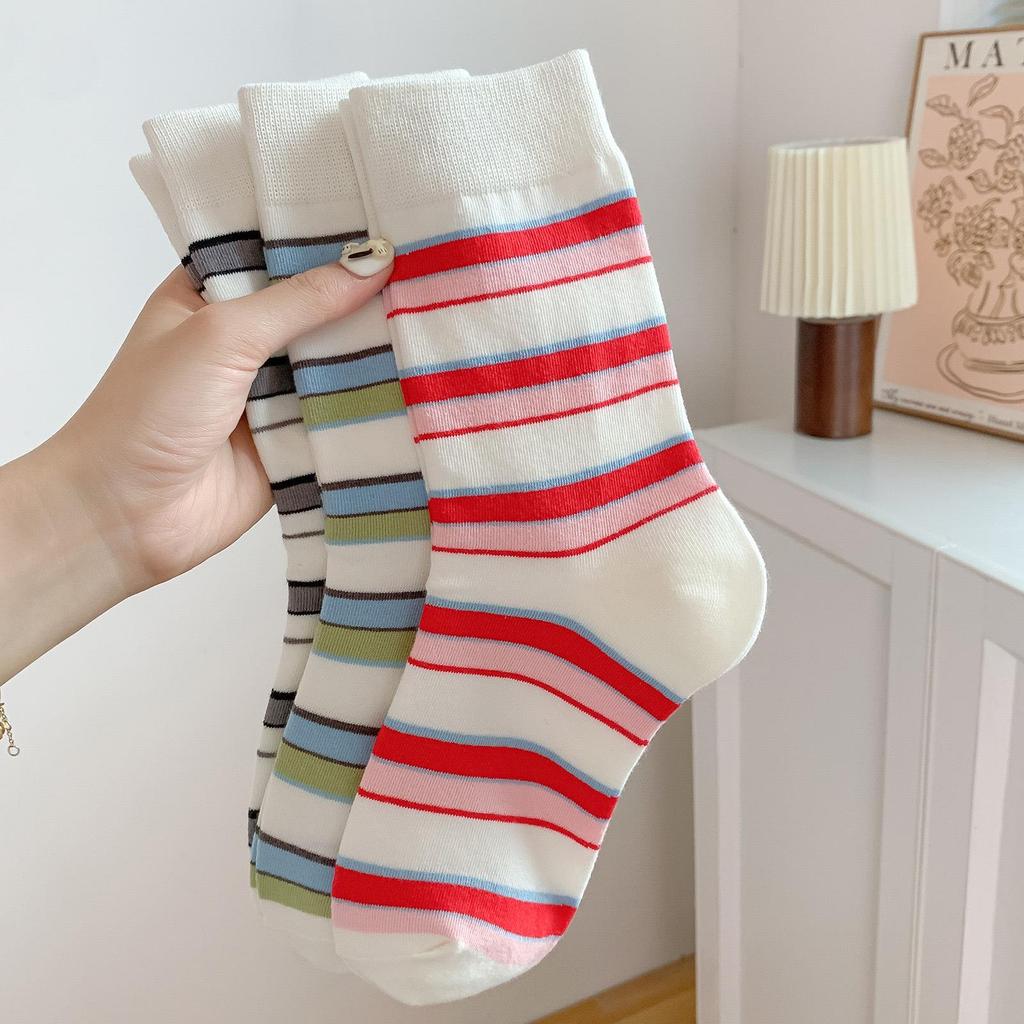 25 Новых Осенне-Зимних Японских Хлопковых Полосатых Носков до Середины Икры с Защитой от Катышков - Модный Колледж Стиль Колорблок для Женщин.