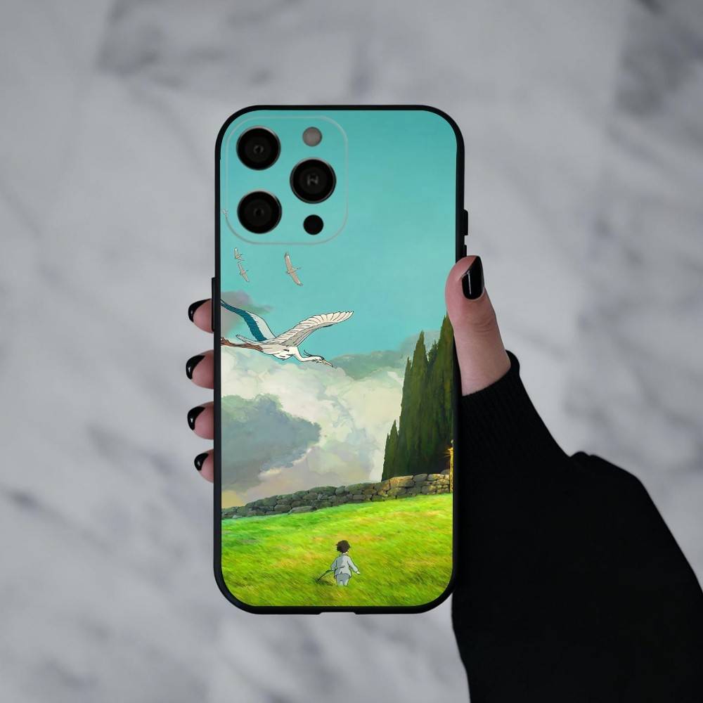 T-The Boy and the Heron Anime Phone Case For iPhone 17pro,16,15,14,13,12,11 Plus,Pro Max,XS,Soft Silicone Black Cover