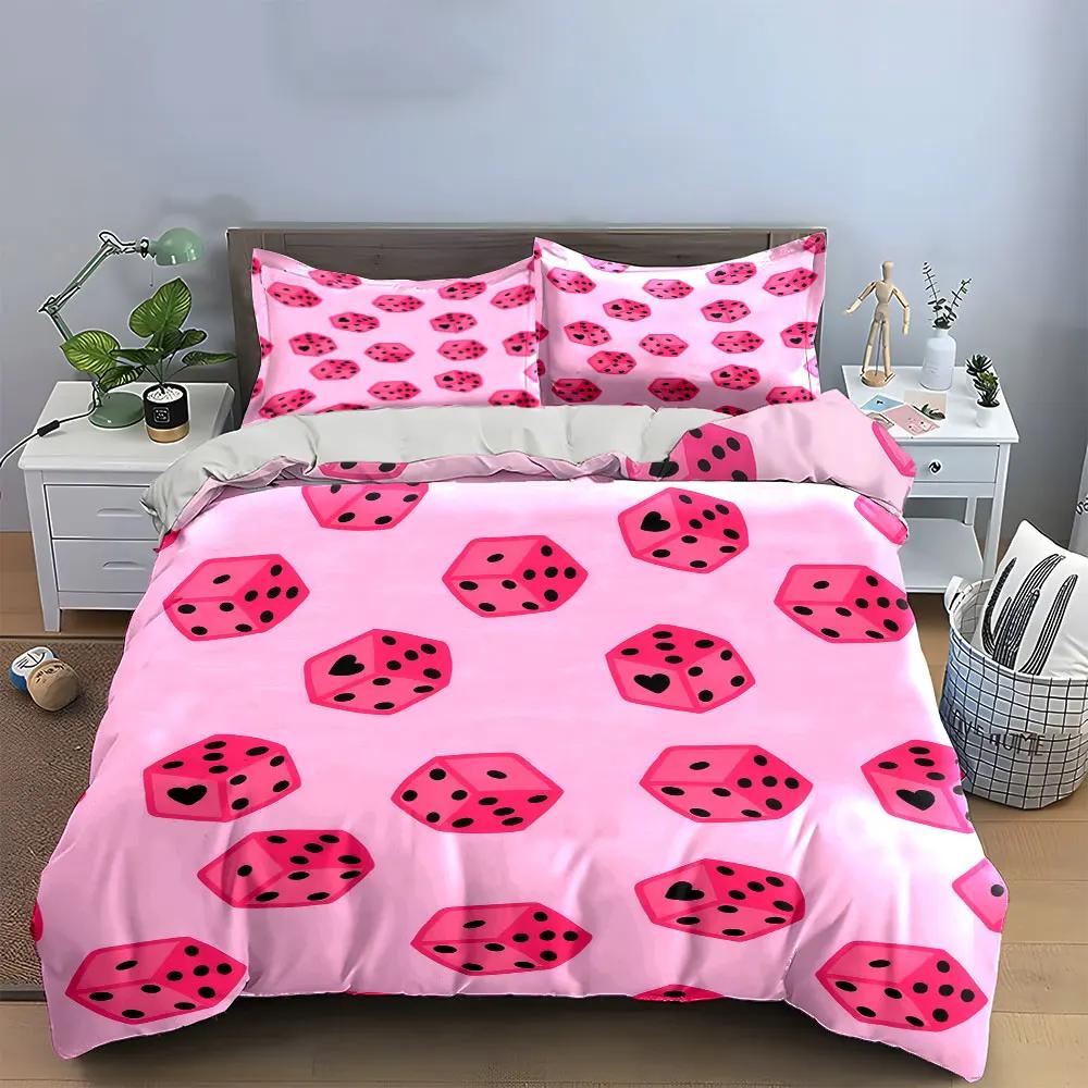 Pink Dice Pattern Home Decor Bedding Set with 1 Duvet Cover 2 Pillowcases Single Double King Queen, Gift