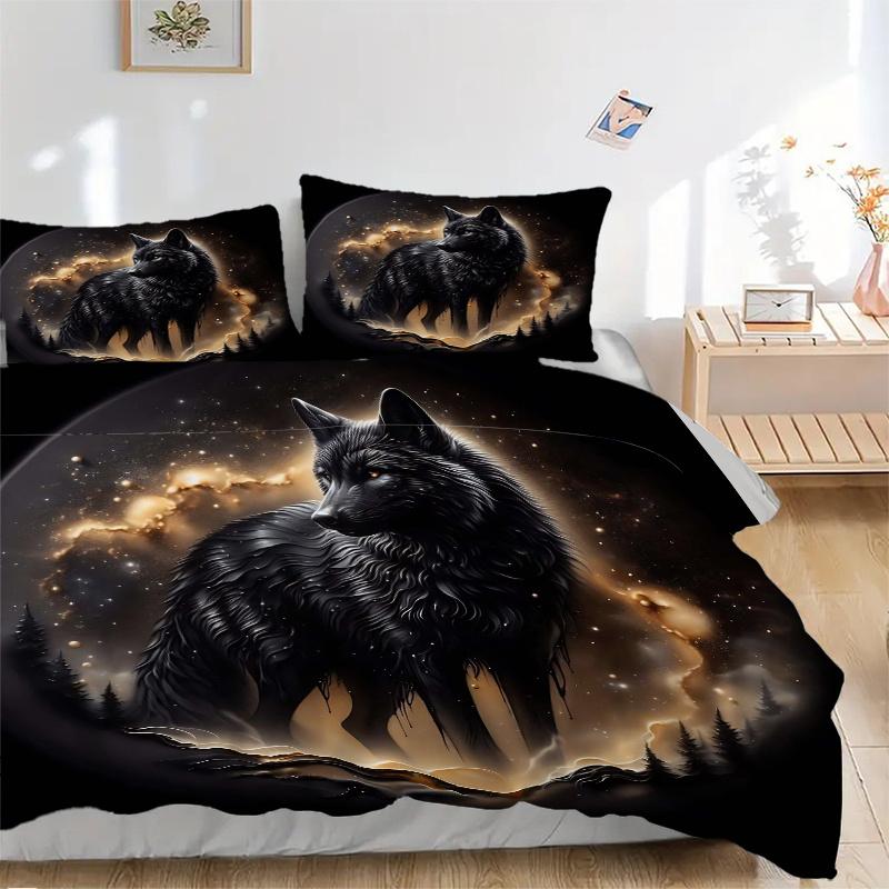 3pcs A Celestial Wolf Quilt Set Cartoon Themed Bed Quilt Set Lovely Character Bedroom Decor Bed Quilt Set Four Seasons (1 Cover + 2Pillowcase NO