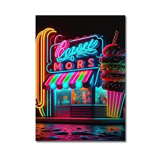 Неоновый арт, пицца, гамбургер, кофе, мороженое, плакат, настенная живопись на холсте, печатные изображения, ресторан быстрого питания, клубный бар, домашний декор без рамки