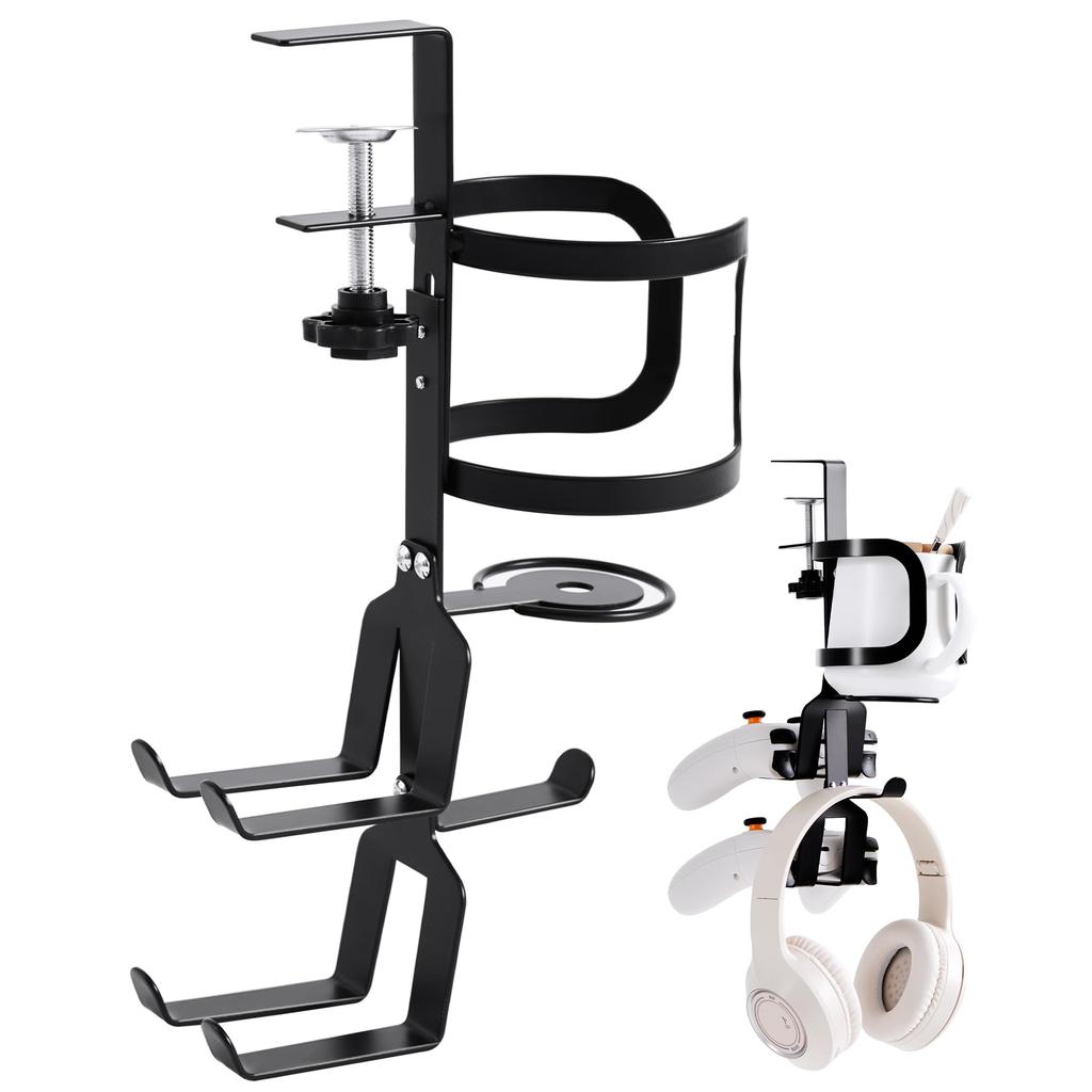 WIFUME Drink Holder for Desk, Holds Two Game Controllers and One Earphone Stand, Space-Saving, Easy Installation, Holds Bottles, Glasses, Mugs, and