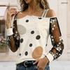 Women Plus Size Asymmetric Off Shoulder Long Sleeve Printed T Shirt Sheer Floral Mesh Sleeves